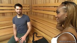 **busty Ebony Shemale Dominates Tied-up Male**